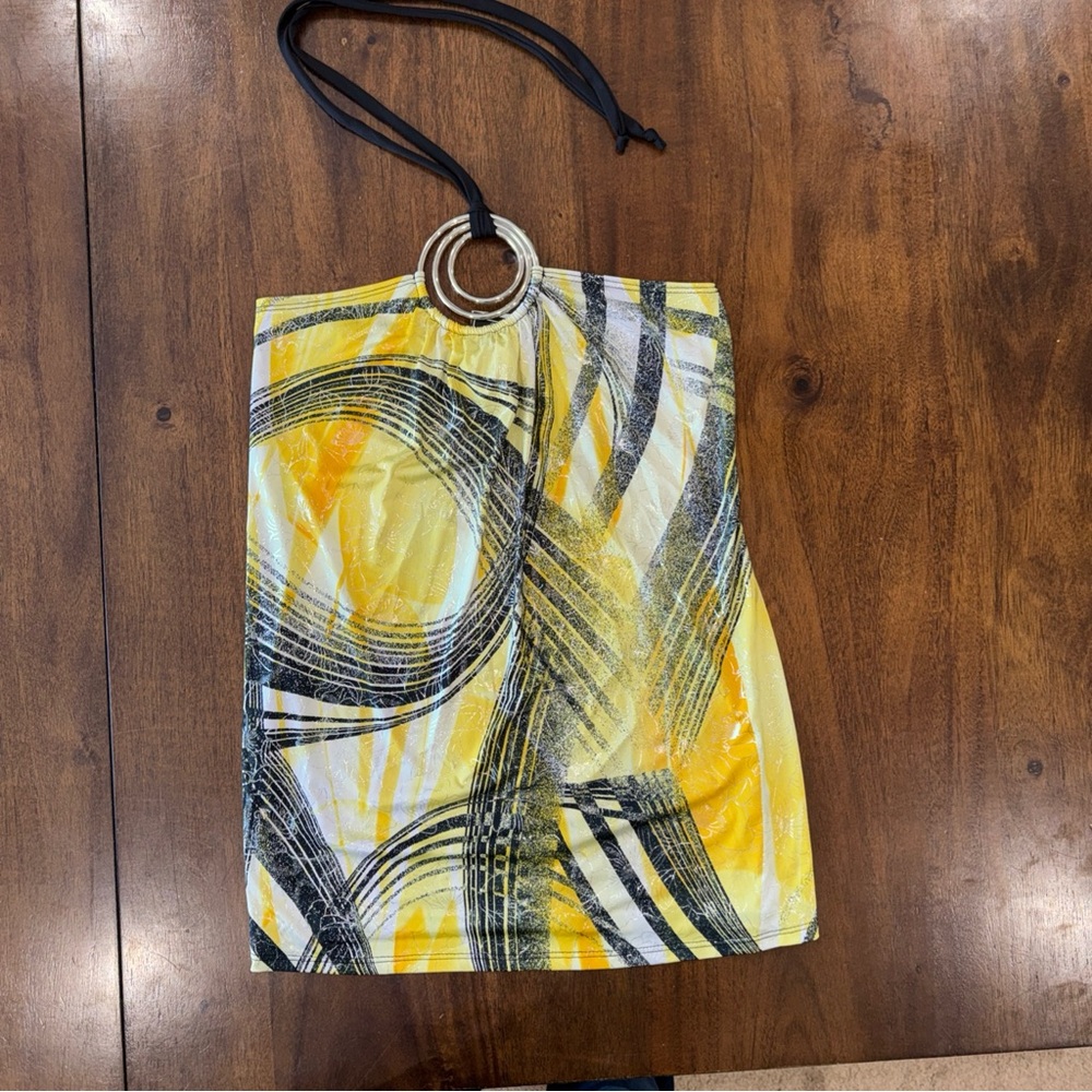 NWT What’s Hot Women’s Tie Neck Halter Ring Tube Top Yellow Black Shirt Top M - Picture 2 of 7